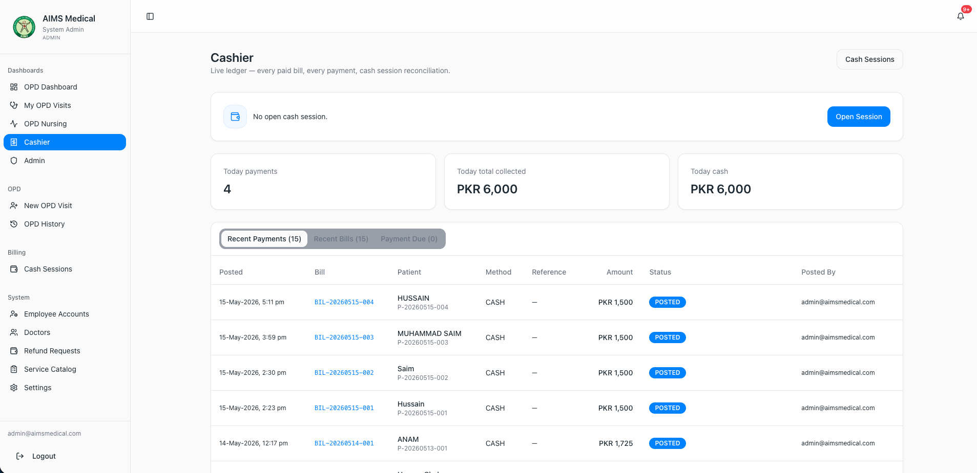 AIMS Cashier module showing paid bills ledger and daily totals