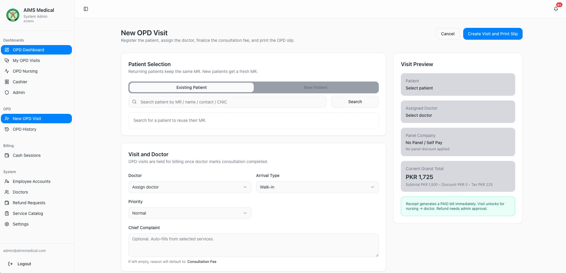 AIMS new OPD visit form with live billing preview in PKR
